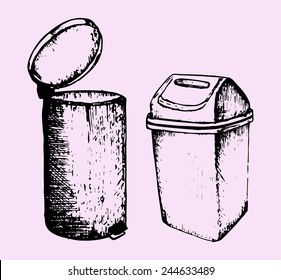 trash can, doodle style, sketch illustration, set 