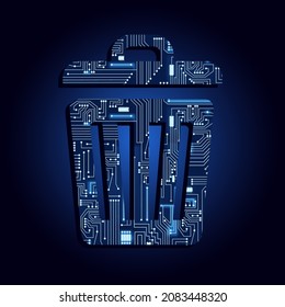 Trash can with electronic circuit. Blue and gradient background. Symbol of technological and modern waste management.