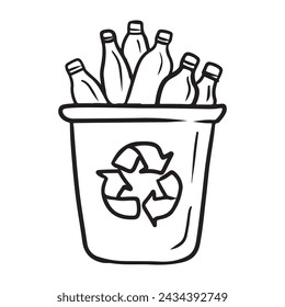 Trash can with empty plastic bottles for recycling. Recycling garbage bin for reusable glass bottles. Hand drawn vector sketch illustration in doodle vintage line art. Ecology friendly, no plastic