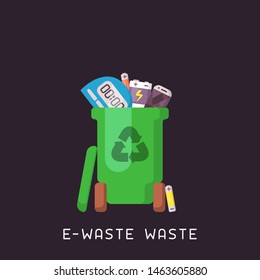 Trash can with e-waste. Flat style vector illustration. 