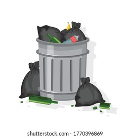 Trash can filled with garbage bags, glasses of wine, plastic bottles and banana peels. Vector