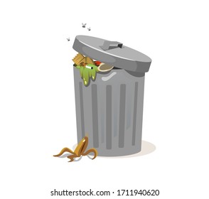 Trash can filled with rubbish and peel from banana vector illustration. Garbage with cigarette and flies cartoon design. Trash falling on ground. Isolated on white background
