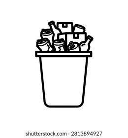 A trash can filled with various discarded items.