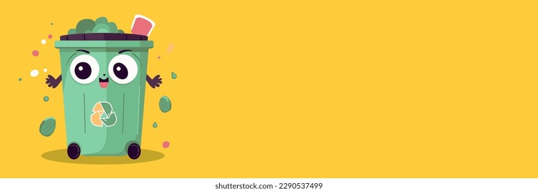 Trash can flat illustration. Ecology vector banner. Kawaii cartton concept.