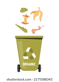 Trash can with food. Waste sorting concept. Green container with apple core, banana peel, piece of greens and bone. Processing of natural and organic products. Cartoon flat vector illustration