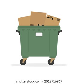 Trash can full of cardboard boxes on white background