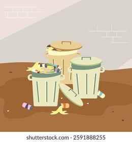 Trash Can Full of Dirty Rubbish with Alley Background
