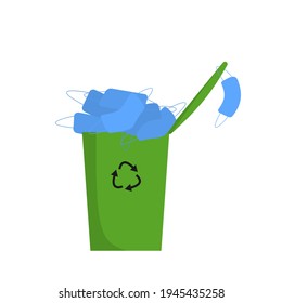 Trash can is full of disposable blue face masks. Isolated on white background. Flat style vector illustration.