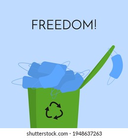 Trash can is full of disposable blue face masks. Text freedom. Isolated on blue background. Flat style vector illustration.