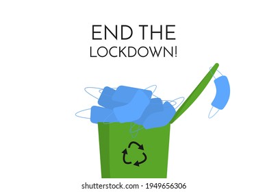 Trash can is full of disposable blue face masks. Text End the Lockdown. Isolated on white background. Flat style vector illustration.