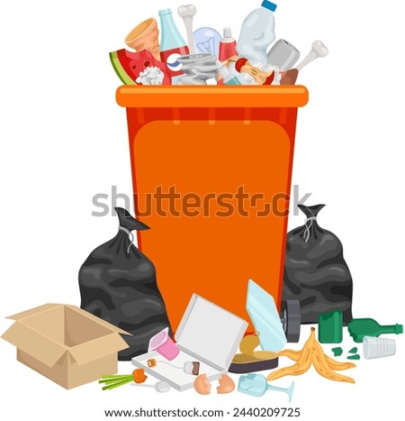Trash can full of garbage. Cartoon waste icon