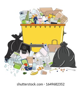 Trash can full of garbage and pile of garbage. Waste management. Garbage pollution. Overflowing rubbish, food, metal, plastic, paper, glass, mixed trash. Recycling. Hand drawn vector illustration.