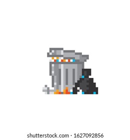 Trash can full of garbage pixel art icon. Element design for logo, stickers, web, embroidery and mobile app. Isolated vector illustration. 8-bit sprite.