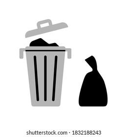 Trash can with garbage bag isolated on white background. Vector flat illustration. Design for icon, banner, card, print