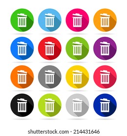 Trash can or garbage bin icons in colorful set - can be used as delete signs