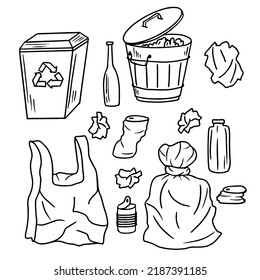 Trash can and garbage in hand drawn doodle style. Vector illustration isolated on white background.