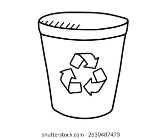 Trash can with garbage recycling sign hand drawn in doodle style. Vector line art illustration.