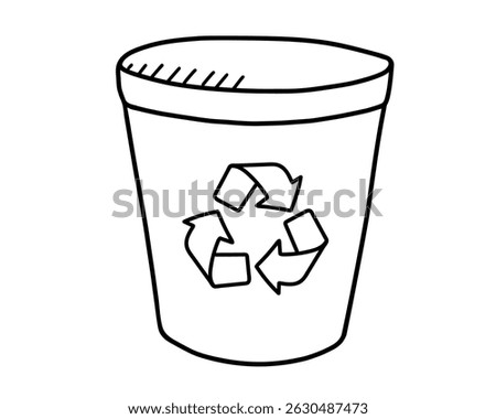 Trash can with garbage recycling sign hand drawn in doodle style. Vector line art illustration.