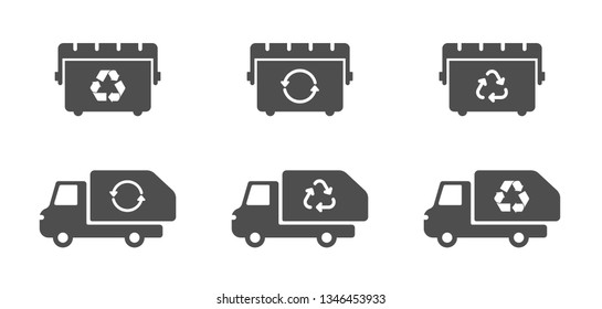 trash can and garbage truck vector icon set. garbage removal icons with recycle signs isolated on white background