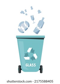 Trash can with glass. Waste sorting concept. Blue container with bottle, glass and plate. Recycling, care for environment and nature. Eco friendly banner for website. Cartoon flat vector illustration