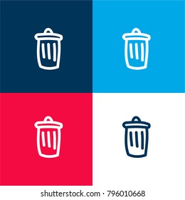 Trash can hand drawn symbol four color material and minimal icon logo set in red and blue