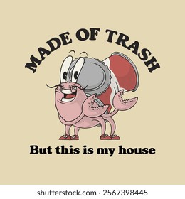 trash can hermit crab retro cartoon mascot