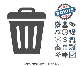 Trash Can icon with bonus pictogram. Vector illustration style is flat iconic bicolor symbols, cobalt and gray colors, white background.