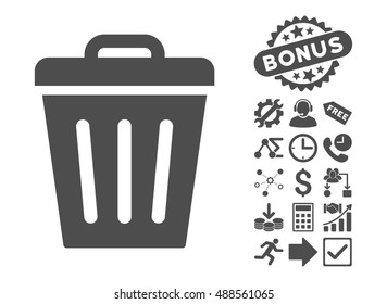Trash Can icon with bonus icon set. Vector illustration style is flat iconic symbols, gray color, white background.