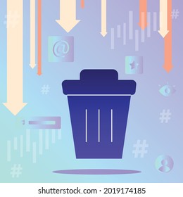 Trash can, icon of disposal, recycling, cleaning. Down arrows and icons on the workspace. For the design of materials, infographics, social networks and banners