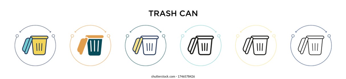 Trash can icon in filled, thin line, outline and stroke style. Vector illustration of two colored and black trash can vector icons designs can be used for mobile, ui, web