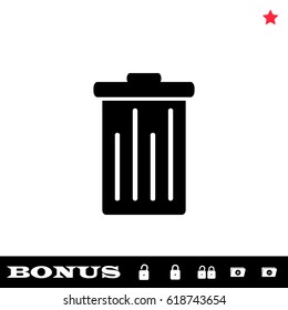 Trash can icon flat. Black pictogram on white background. Vector illustration symbol and bonus button open and closed lock, folder, star