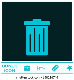 Trash can icon flat. Blue pictogram on dark background. Vector illustration symbol and bonus icons