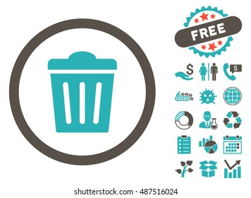 Trash Can icon with free bonus icon set. Vector illustration style is flat iconic bicolor symbols, grey and cyan colors, white background.