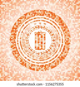 trash can icon inside abstract emblem, orange mosaic background