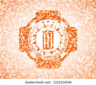 trash can icon inside abstract emblem, orange mosaic background