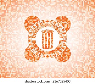 trash can icon inside abstract emblem, orange mosaic background. 