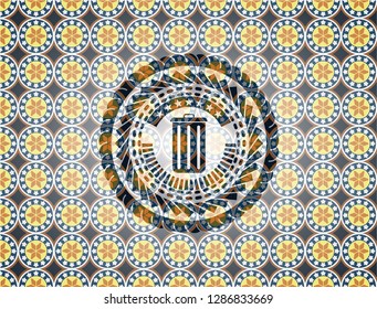 trash can icon inside arabic badge. Arabesque decoration.