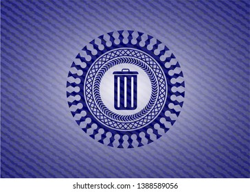 trash can icon inside badge with denim background