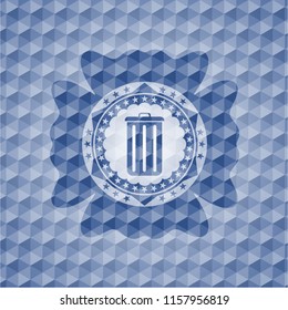 trash can icon inside blue emblem with geometric background.
