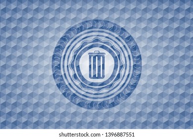 trash can icon inside blue emblem or badge with abstract geometric pattern background.