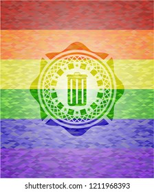 trash can icon inside emblem on mosaic background with the colors of the LGBT flag