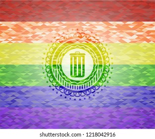 trash can icon inside emblem on mosaic background with the colors of the LGBT flag