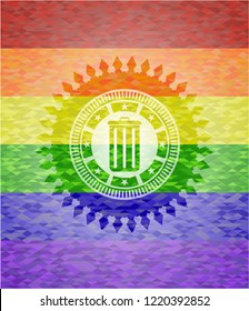 trash can icon inside emblem on mosaic background with the colors of the LGBT flag
