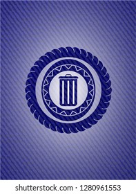 trash can icon inside emblem with denim texture