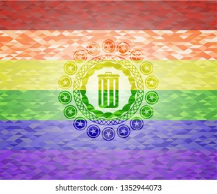 trash can icon inside emblem on mosaic background with the colors of the LGBT flag