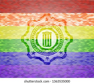 trash can icon inside emblem on mosaic background with the colors of the LGBT flag