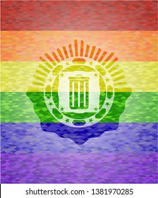 trash can icon inside emblem on mosaic background with the colors of the LGBT flag