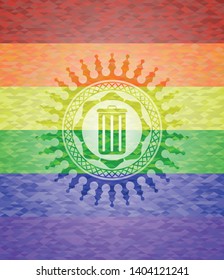 trash can icon inside emblem on mosaic background with the colors of the LGBT flag