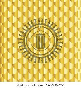 trash can icon inside gold badge. Scales pattern. Vector Illustration. Detailed.
