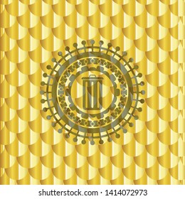 trash can icon inside gold badge. Scales pattern. Vector Illustration. Detailed.